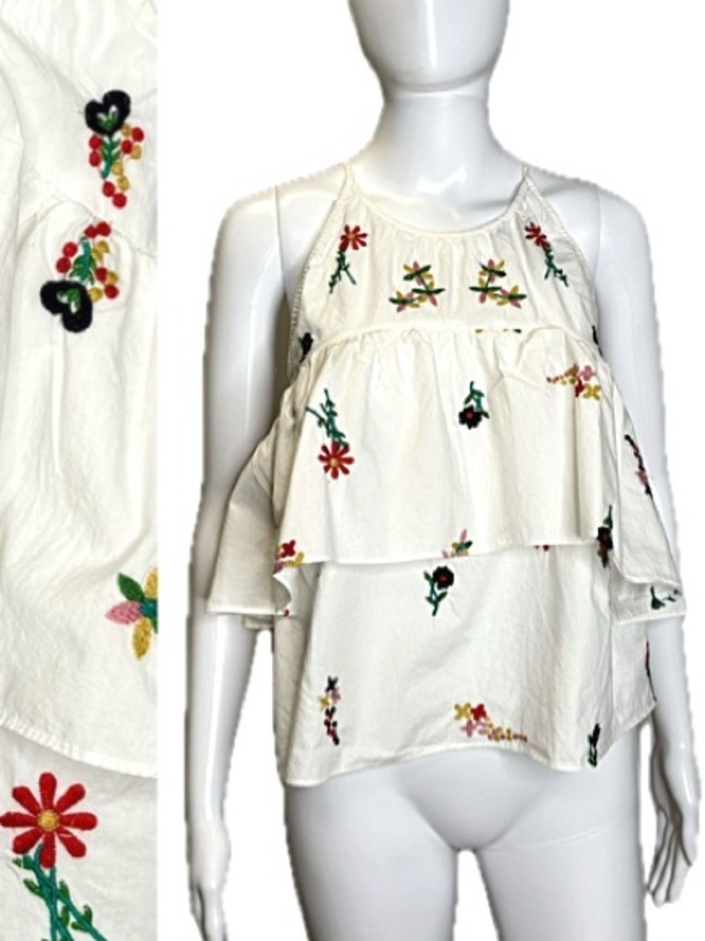 Zara Trafauluc Floral Embroidered Tiered Ruffle Halter Top Womens Size Small